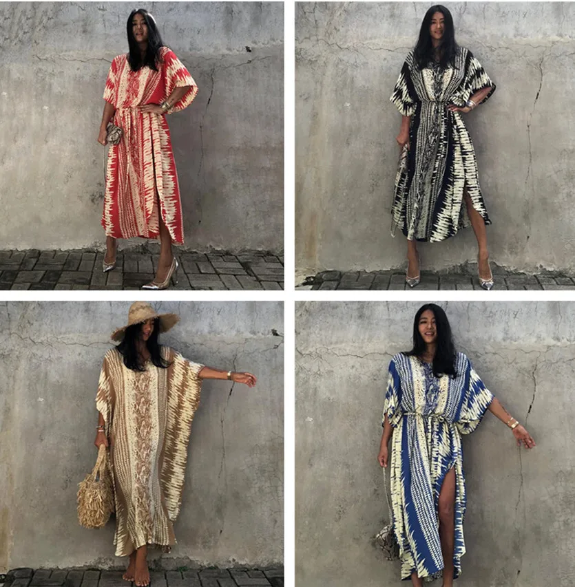 Bohemian Stripe Printed Bikini Cover-ups Elegant Self Belted Kimono Beach Dress Tunic Women Beach Wear Swim Suit Cover Up