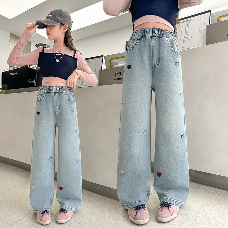 

Spring and Autumn Style Children's Casual Loose Wide Leg Jeans with Hearts Embroidery for Kids Girls Fashion Heart Denim Pants