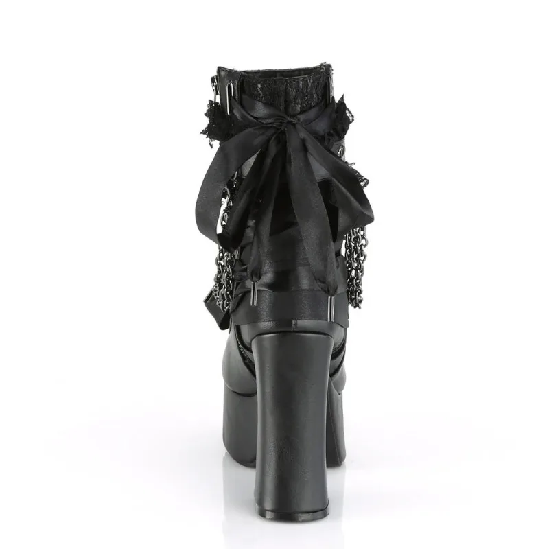 Gothic Style Chain Lace Up Bow Women Short Boots Retro Round Toe Square Heel Chunky Platform Ankle Boots Punk Ladies Party Shoes