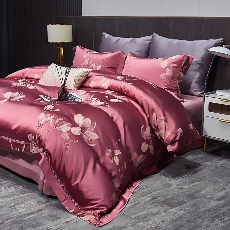 Juego de Ropa de Cama de Seda de Morera de Alta Gama, Jacquard, 4 Piezas, Funda de Edredón 200*230CM 220*240CM, Sábana Plana