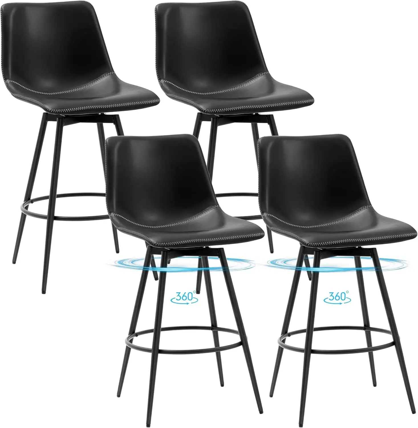 

Swivel Counter Height Bar Stools, Armless 26" Seat Height Faux Leather Barstools with Backs and Metal Legs (Black-4)