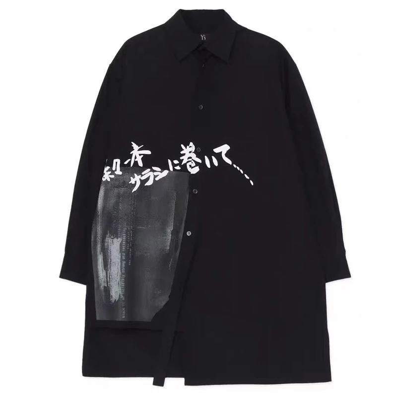 YamamotoStyle 2024 New Black Shirt Asymmetrical Printed Casual Cotton Shirt Men\'S And Women\'S Top Trend Dark Shirt