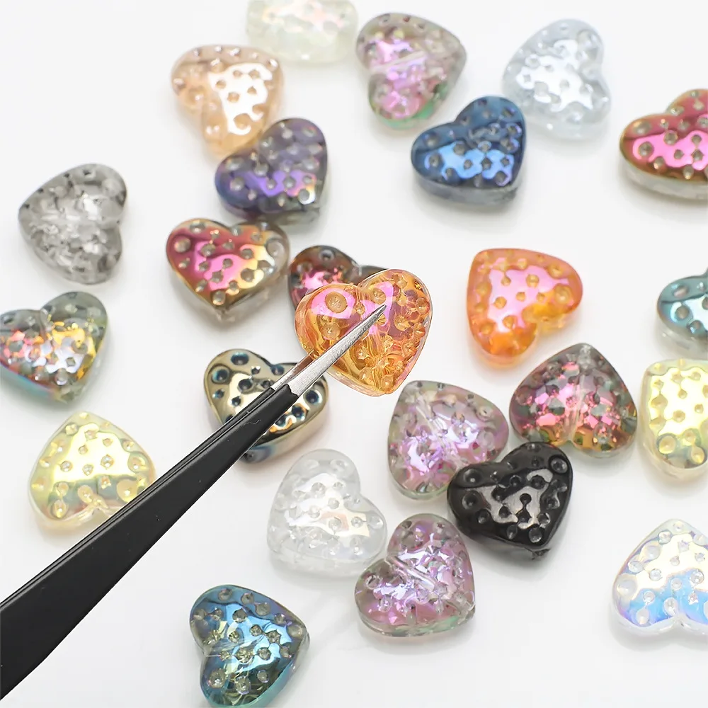 10Pcs/Lot 13x15mm Plating Color Heart Pendants Charms Glossy Crystal Glass Beads For Jewelry DIY Making Earing Accessories