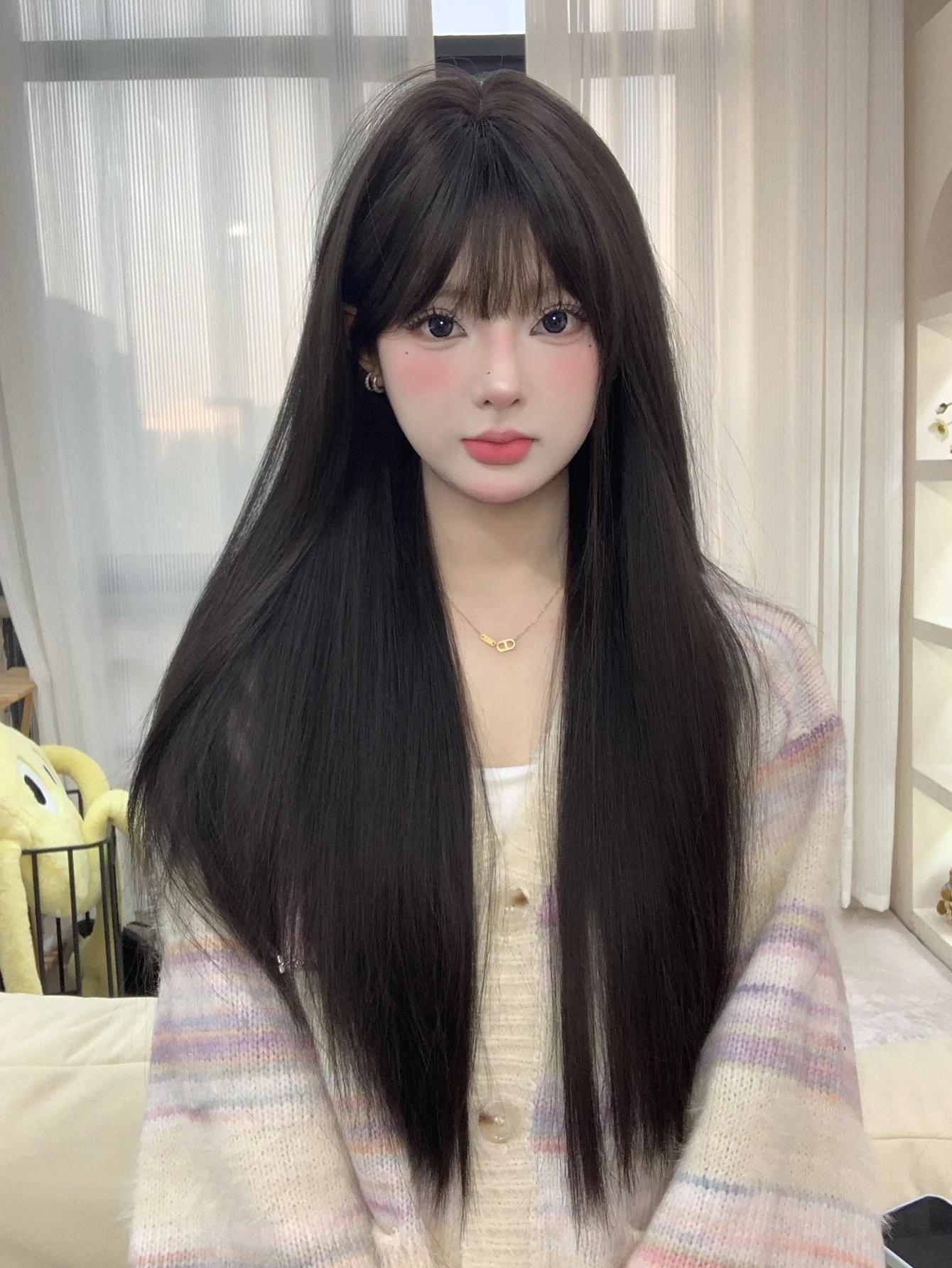 30Inch Black Pretty Girlish Synthetic Wigs With Bang Long Natural Straight Hair Wig for Women Daily Use Cosplay Heat Resistant