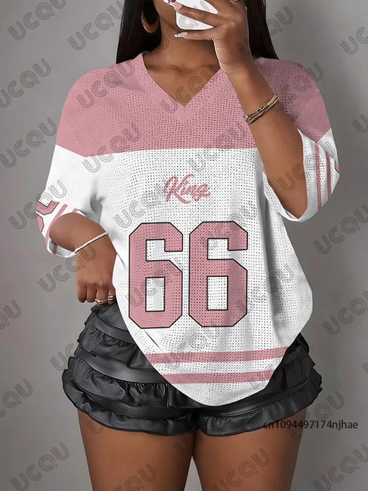 2026 Neues Letter King 66 Print T-Shirt für Damen – Sommerliches V-Ausschnitt Patchwork Kurzarm Sport-Fußballtrikot Y2K Oversized Oberteil – Detail 8