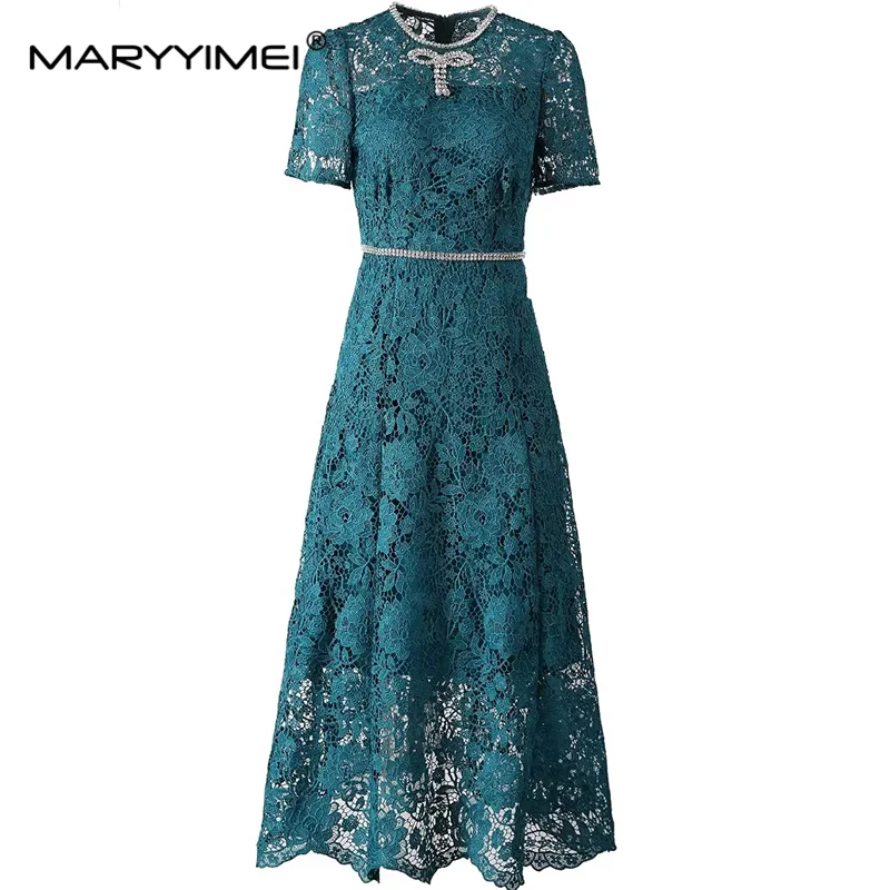 MARYYIMEI Fashion Design Women\'s Dress Summer Short-Sleeved High Waiste Diamond Chic Lace Hollow Out Vintage Solid Color Dresses