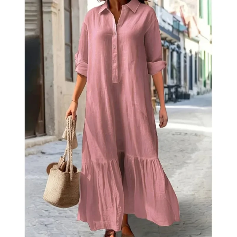 Vestidos de playa de lino y algodón bohemio de estilo sencillo para mujer, vestido de empalme con solapa y una sola botonadura, vestido plisado para mujer