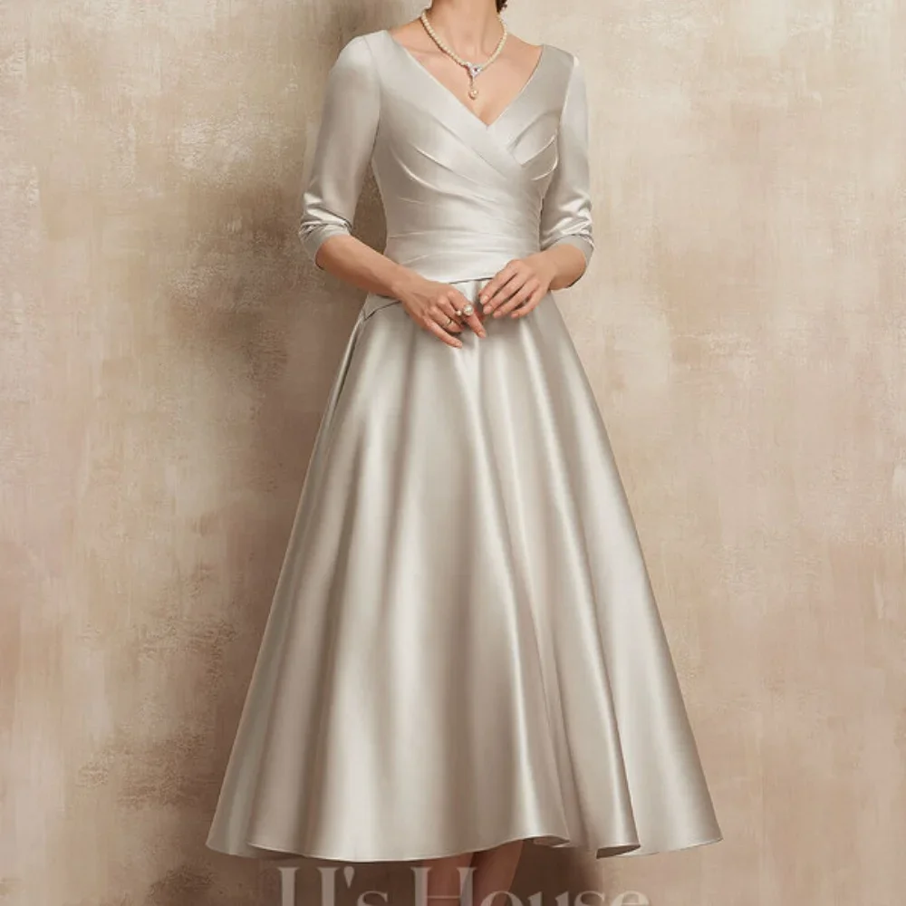 

Gorgous A-line Satin Mother Of Bridal Dress Customized Ankle-Length Wedding Dresses V Neck Long Sleeve Vestidos De Fiesta