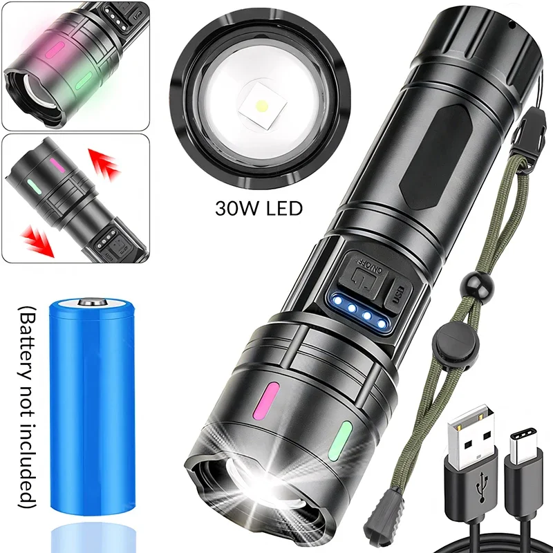 

Фонарь JIASHUAIXIN 30W LED с ярким светом, флуоресцентными полосками и ремешком, портативный уличный фонарь с зарядкой через USB Type-C