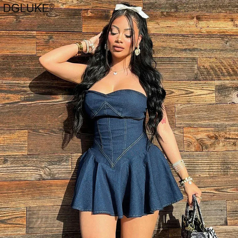 

DGLUKE Strapless Corset Mini Dress Sweetheart Neck Backless Sexy Party Club Dress Blue Denim Short Summer Dresses 2025