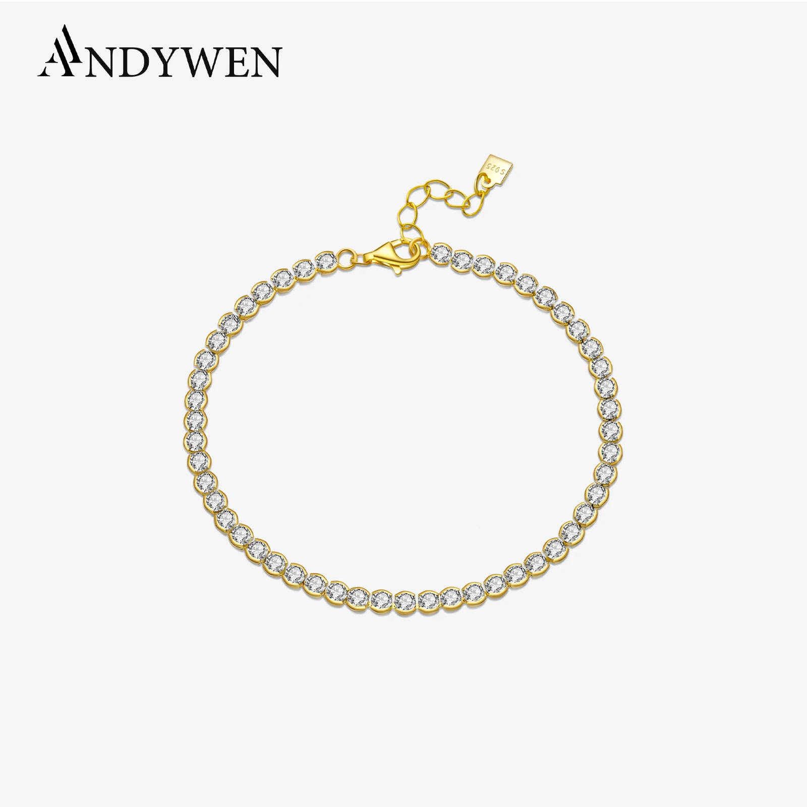 ANDYWEN New 925 Sterling Silver Gold Zircon Charm Chain Bracelet Women Crystal White CZ Soft Luxury Jewelry 2021 Choker Wedding