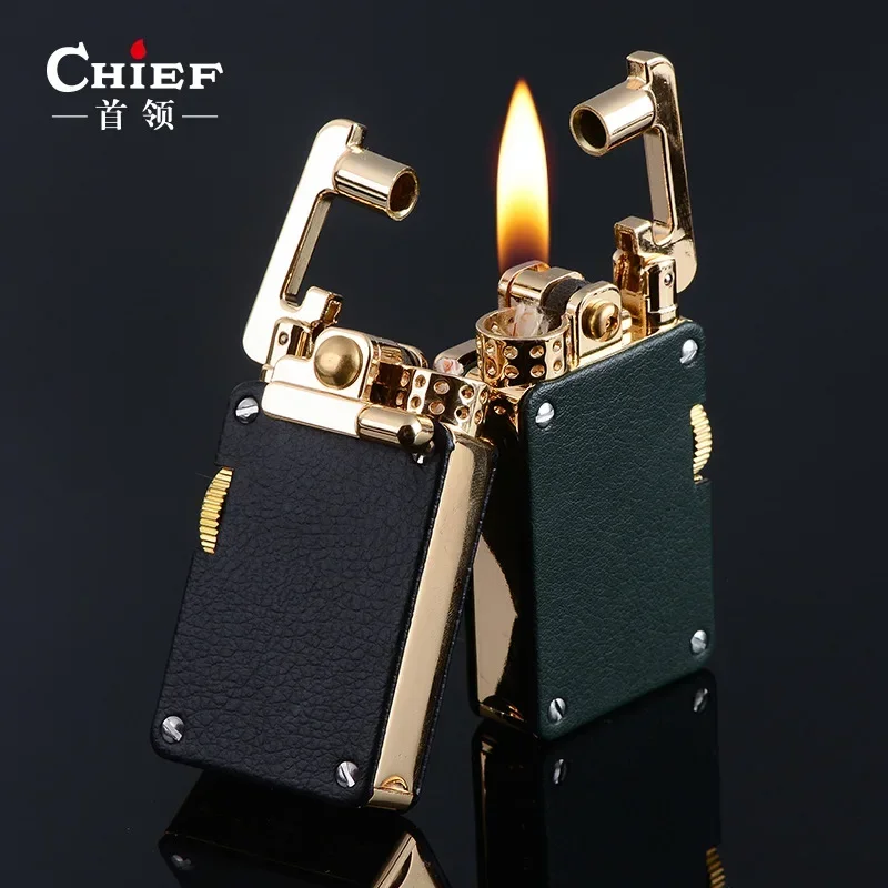 CHIEF Metal Retro Kerosene Lighter Windproof Rocker Arm Catapult Ignition Grinding Wheel Leather Lighter High-end Men\'s Gift