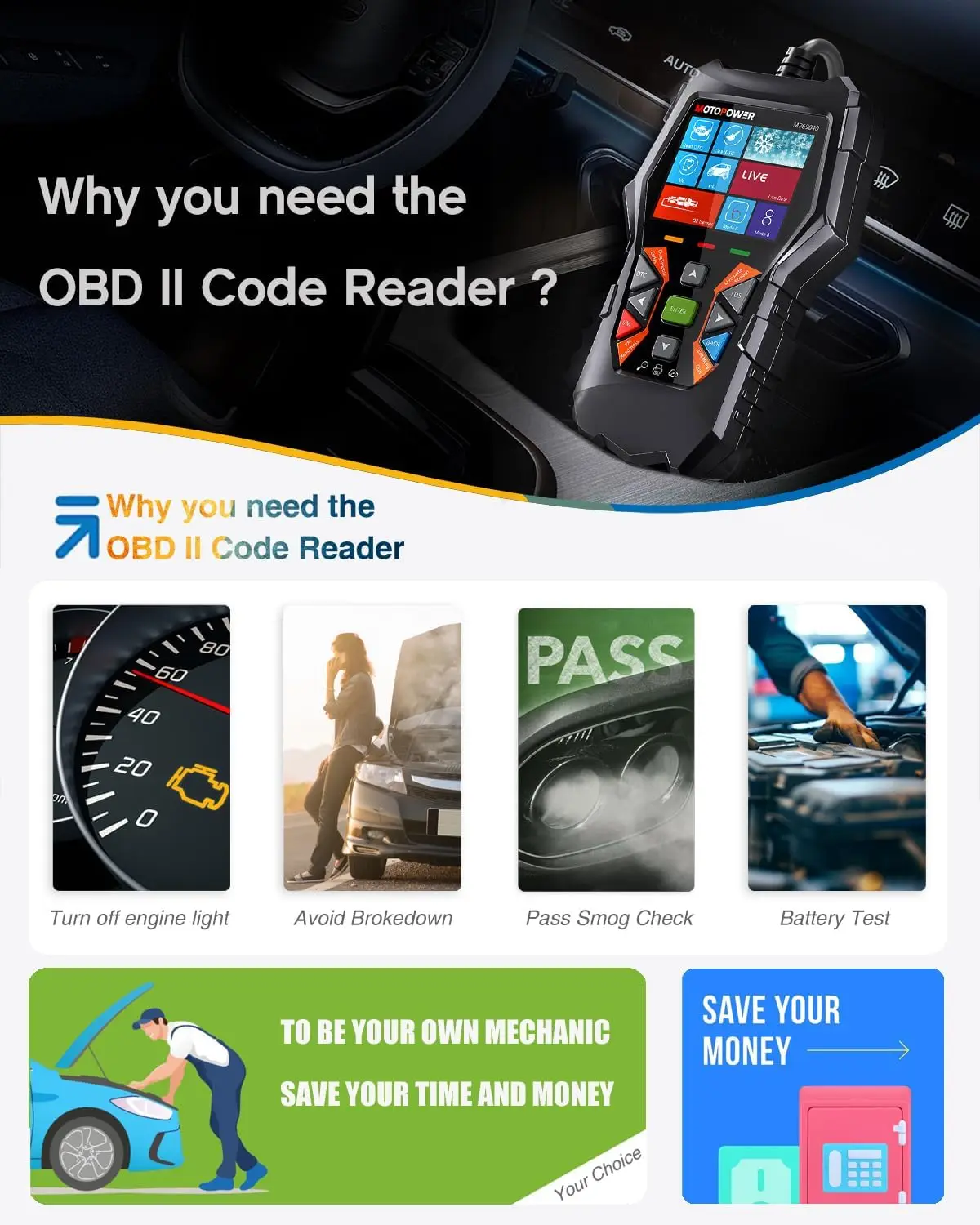 MP69040 Car OBD2 Scanner Check Engine Fault Code Reader Diagnostic Scan Tool, Black