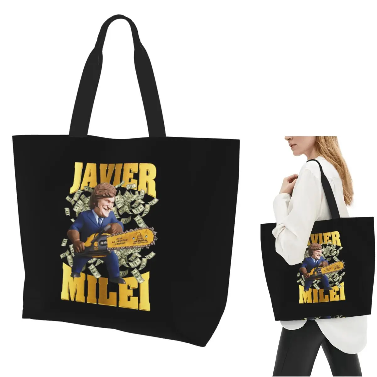 Javier Milei - Bolso de compras de lona con diseño de monedas, gran capacidad, bolso de hombro, bolso de compras para mujer