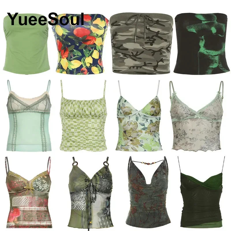 Green Vintage Tank Tops Y2K Sweet Cute Fairycore Sexy Slim Crop Tops 2024 Summer New Sleeveless Corest Tops Women Clothing