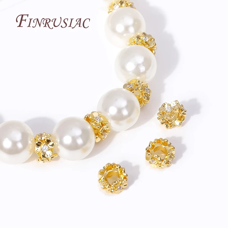 18K Gold Plated Inlaid Zircon Flowers Spacer Beads Brass Metal Large Hole Beads DIY Beading Jewelry Supplies,Beads Separator