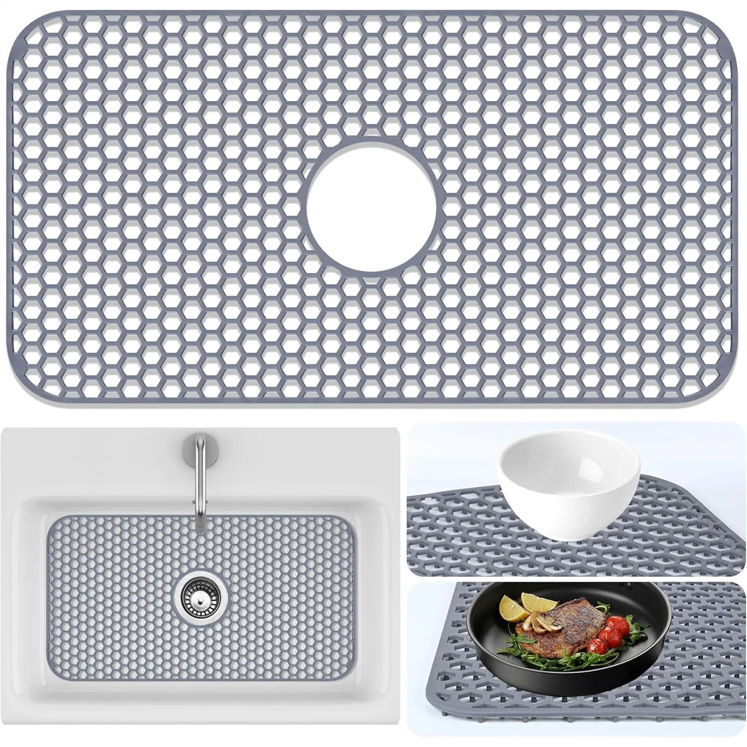 

Kitchen Sink Protector Mat, 25.79"x13.98" Silicone Basin Pad with Center Drain for Stainless Steel Sinks, Anti-Slip and