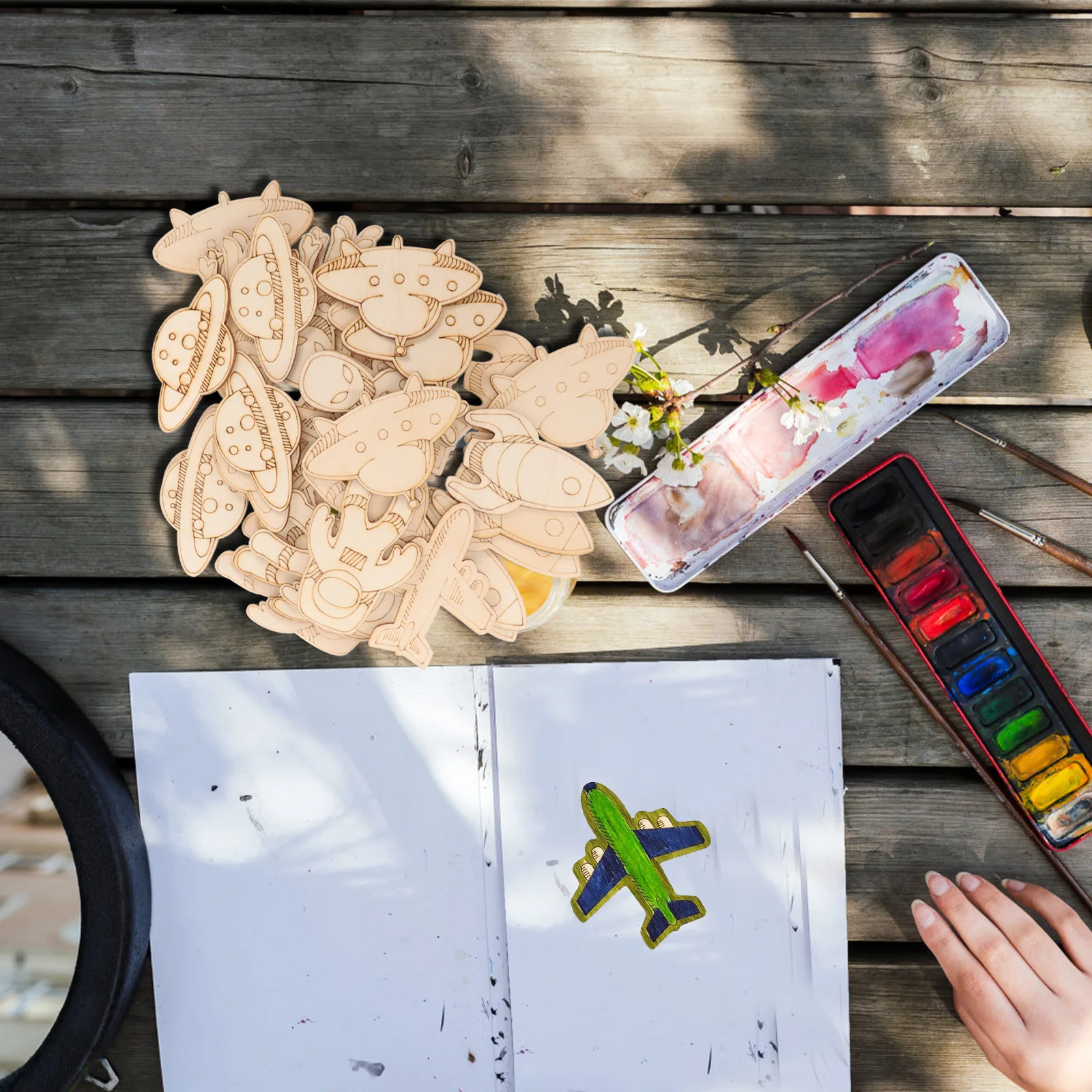 

32pcs Wooden Planet Rocket Ornaments Outer Space Theme Diy Crafts Unfinished Wood Cutouts For Home Decor Birthday Party Supplies