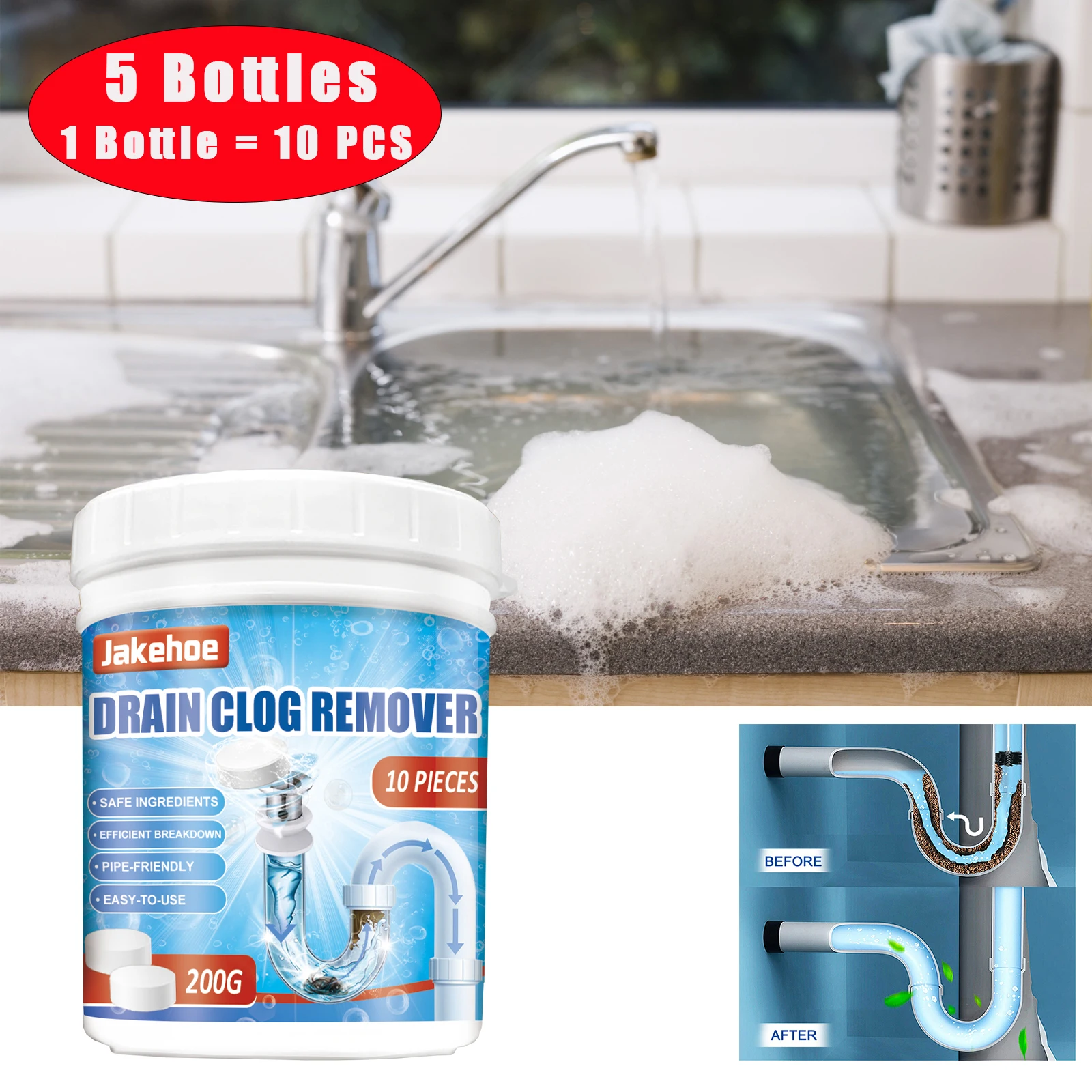 

50pcs Drain Clog Cleaner Tablets Powerful Kitchen Toilet Sink Sewer Cleaning Foam Agents Pipe Deodorization Dredging Agent