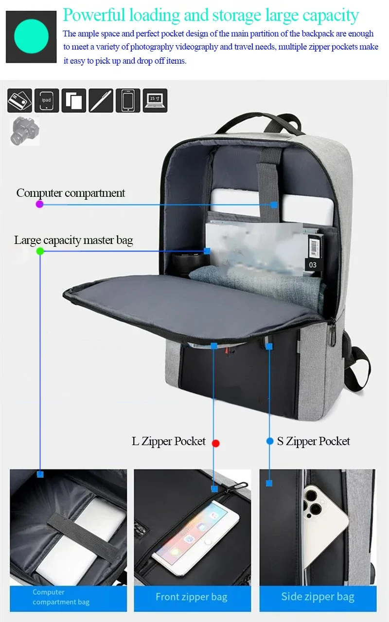 Waterproof USB multifunctional backpack simple business casual laptop bag SLR camera bag lens case for Canon Nikon Sony Xiaomi