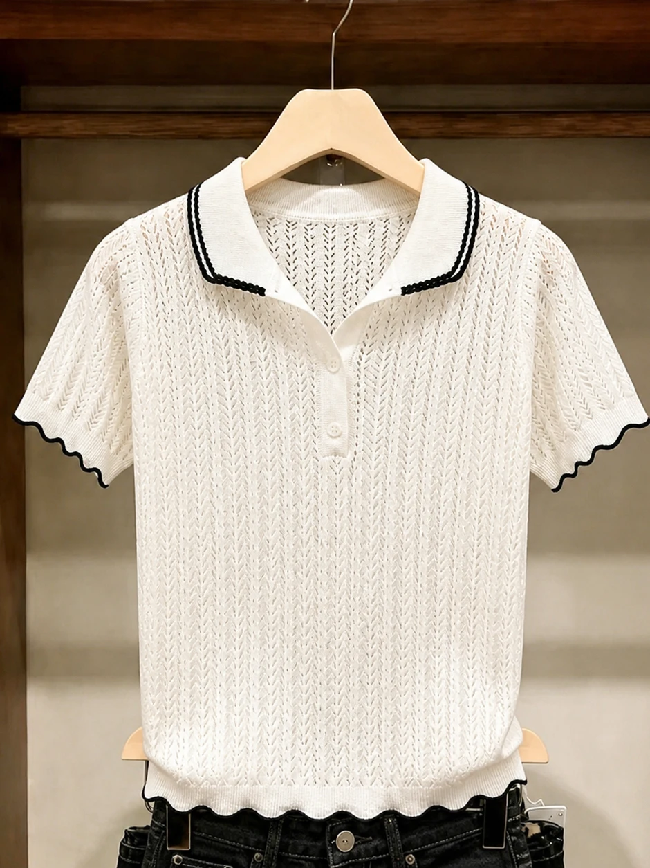 

Gentle Design Turn-down Lace Trim Knit Top Summer Lady Style Overhead Age-defying Women's Shirt Korean Style Straight-cut Silk