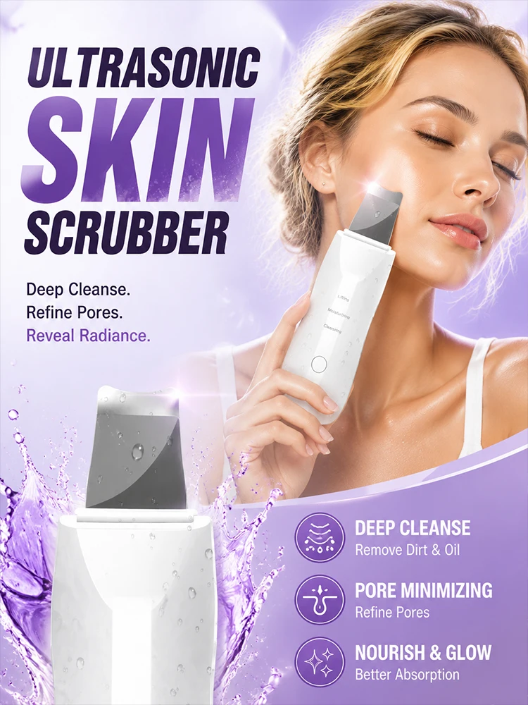 Electric Ultrasonic Skin Scrubber Face Cleaner Deep Vibration Pore Cleansing Tool Blackhead Removal Facial Peeling Device