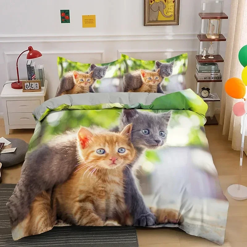Pet Animal Bedding Set Cute Cat Bedding For Boys Quilt Cover Pillowcase Comforter Cover Kawaii Kitty Soft Polyester Duvet Cover