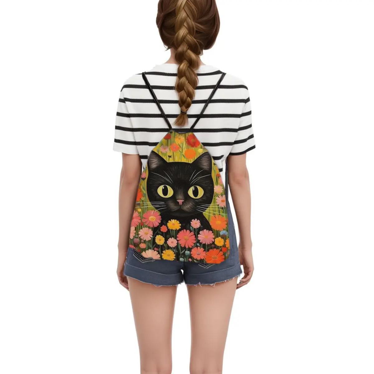 Cute Cartoon Anime Cat Pattern Drawstring Bag Women Fashion Storage Bag Shopping Bag Teenager Girls Bookbag Kawaii  Backpack