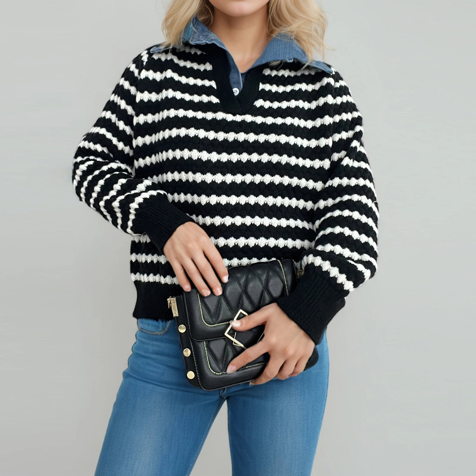 

Spring Autumn Vintage Casual Striped Patchwork Lapel Knitted Sweater Fashion Loose Knitted Pullover Sweaters Women's Sweatshirt