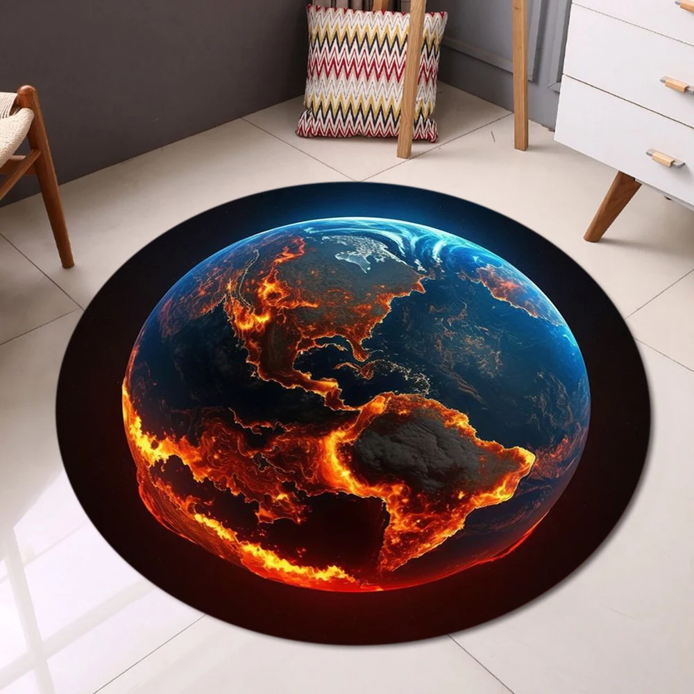Burning Earth Globe Round Rug Climate Change Awareness Carpet with Flames Map Non-Slip Home Decor Floor Mat for Living Room