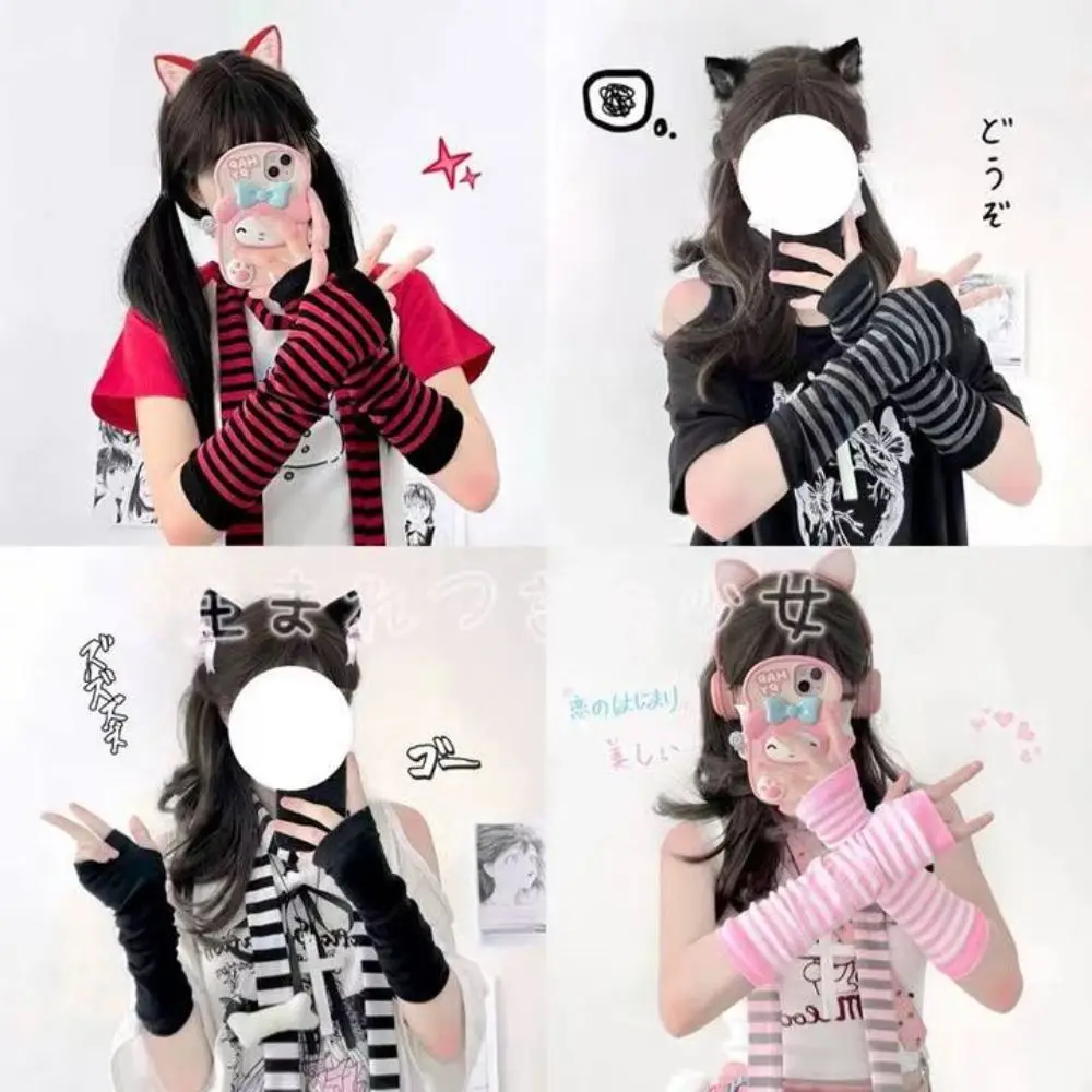 

1 Set Autumn Winter Women Over Knee Long Socks Stripe Printed Thigh High Cotton Sockings Arm Sleeve Gothic Gloves Harajuku Socks
