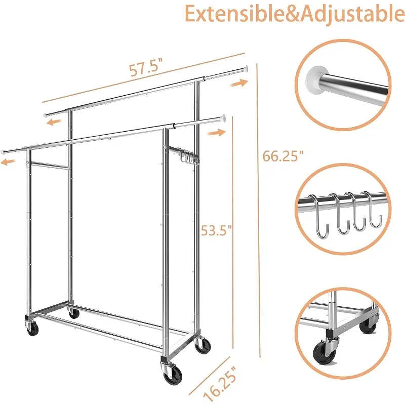 Double Rod Clothing Garment Rack, Rolling Clothes Organizer on Wheels for Hanging Clothes, 4 Hooks, Chrome