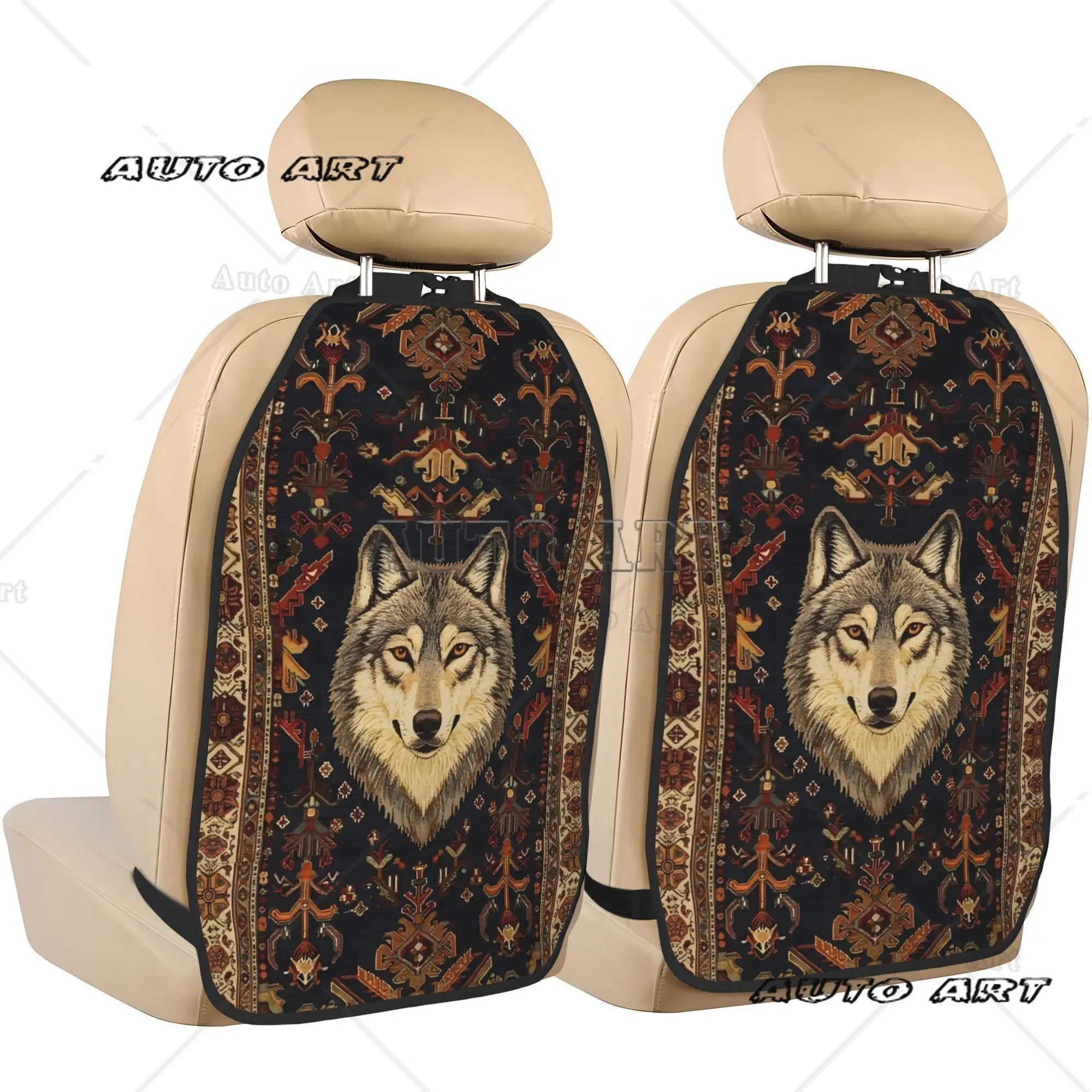 

2pcs Wolf Head Ethnic Retro Car Seat Back Organizer Car Back Seat Organizer Large Kick Mats with Storage Pockets for Universal