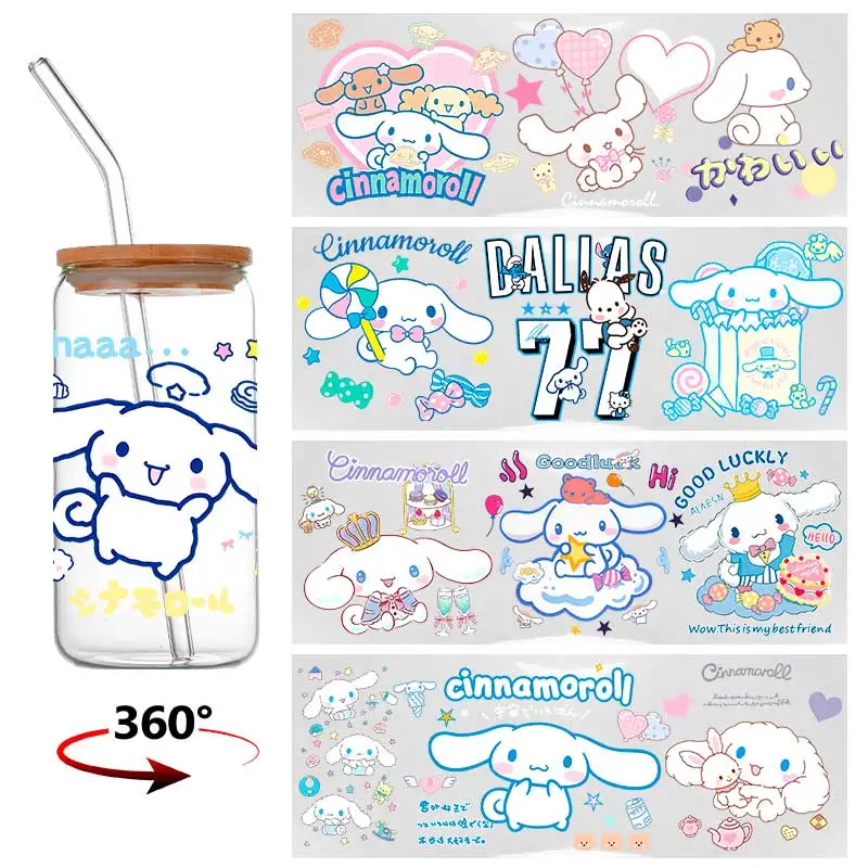 Sanrio-pegatina de transferencia 3D de dibujos animados Cinnamoroll para vasos Libbey de 16oz, pegatina impermeable DIY, taza UV DTF, pegatina encantadora
