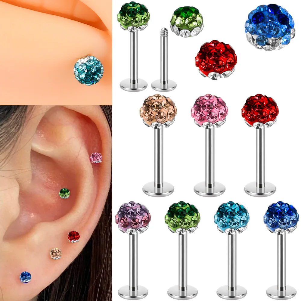 1PC Stainless Steel Colorful Diamond Ball Lip Stud Externally Thread Helix Ear Cartilage Tragus Body Piercing Jewelry 16G