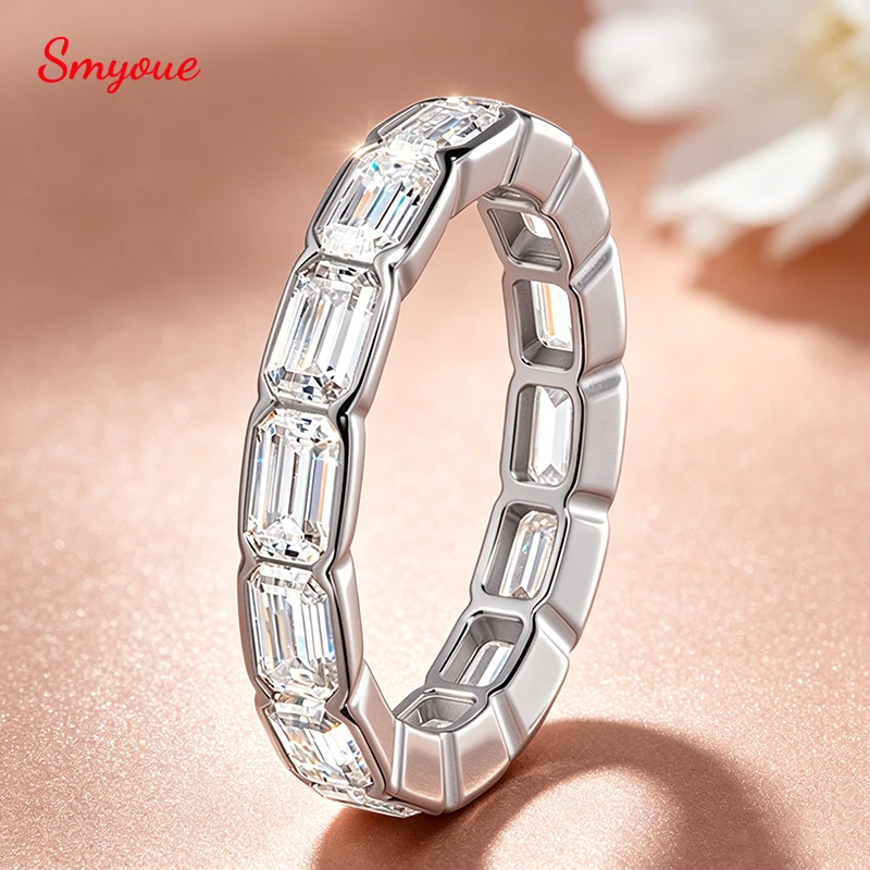 

Smyoue D Vvs1 3*5mm Emerald Cut Moissanite Rings for Women Full Eternity Bands Wedding Bridal Jewelry Pure S925 Silver Gift