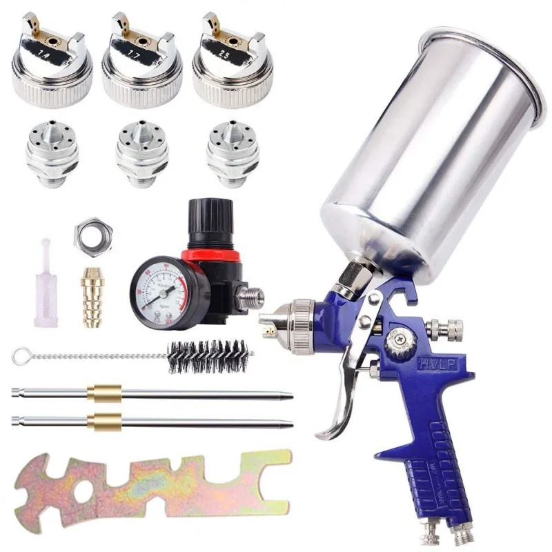 

HVLP Gravity Feed Air Spray Gun Set with 1.4 1.5 2.5mm Nozzles, Paint Gun with 1000cc Aluminum Cup,Wall Painting, Base Coatings