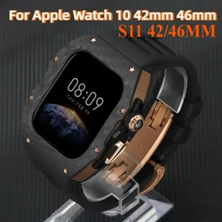 Luxury Refit Modification Kit For IWatch Series 11 42mm 46mm Carbon Fiber Case Rubber Strap Sports For Apple Watch 10 42mm 46mm