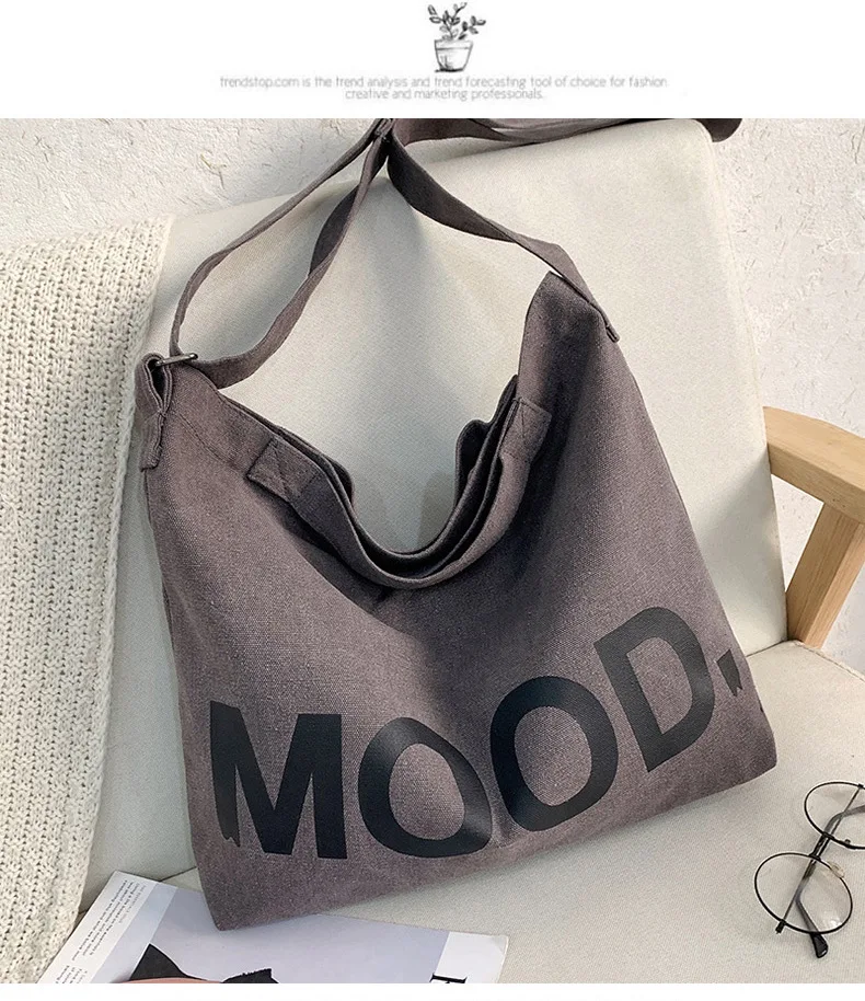 Große Canvas-Tasche mit Buchstaben-Aufdruck in Unifarben, Unisex-Modell mit Gleichem Canvas-Umhängeband, Große Kapazität Shopper-Tasche – Detail 5