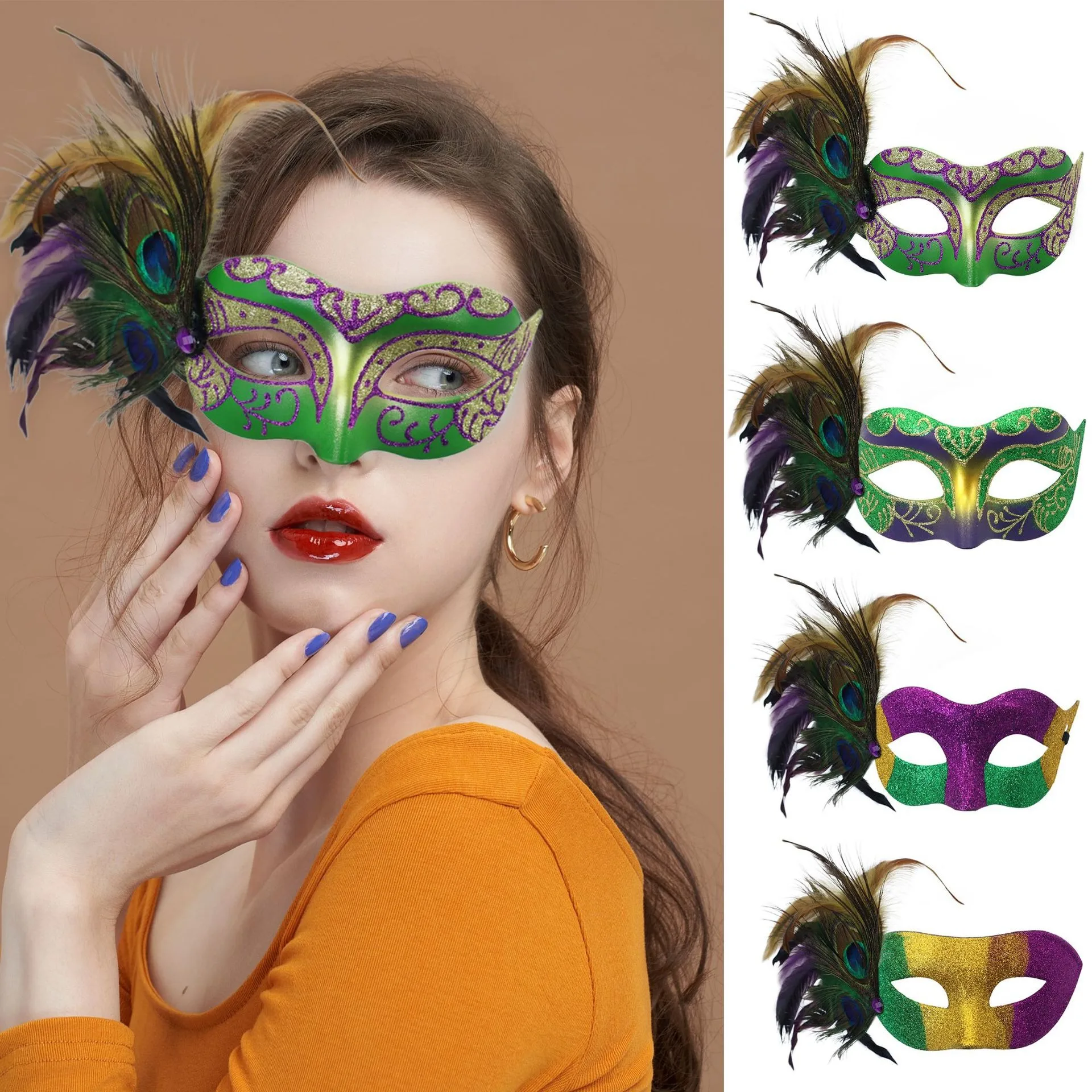 Purple Green Gold Sequin and Feather Mask Feather Mardi Gras Masquerade Mask Glitter Fancy Feather and Gemstone Accent Mask