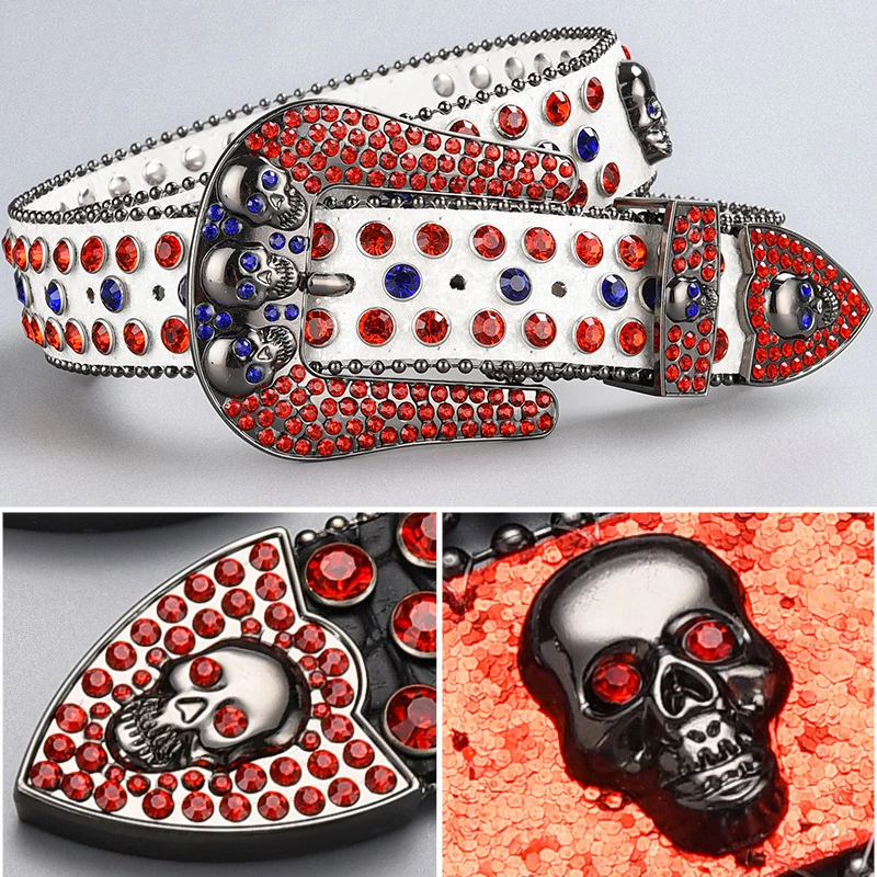 

Dark Skull rhinestone inlaid women`s belt Upscale needle buckle full of diamond sequins hip hop embellished club belt girl