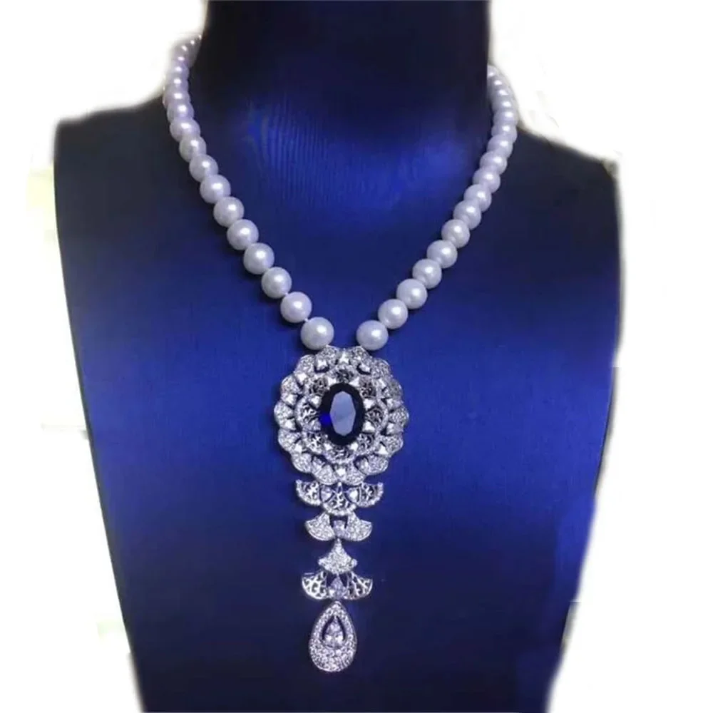 

Women's Natural Freshwater Pearl Necklace Blue Zircon Boutique Temperament Sweater Chains