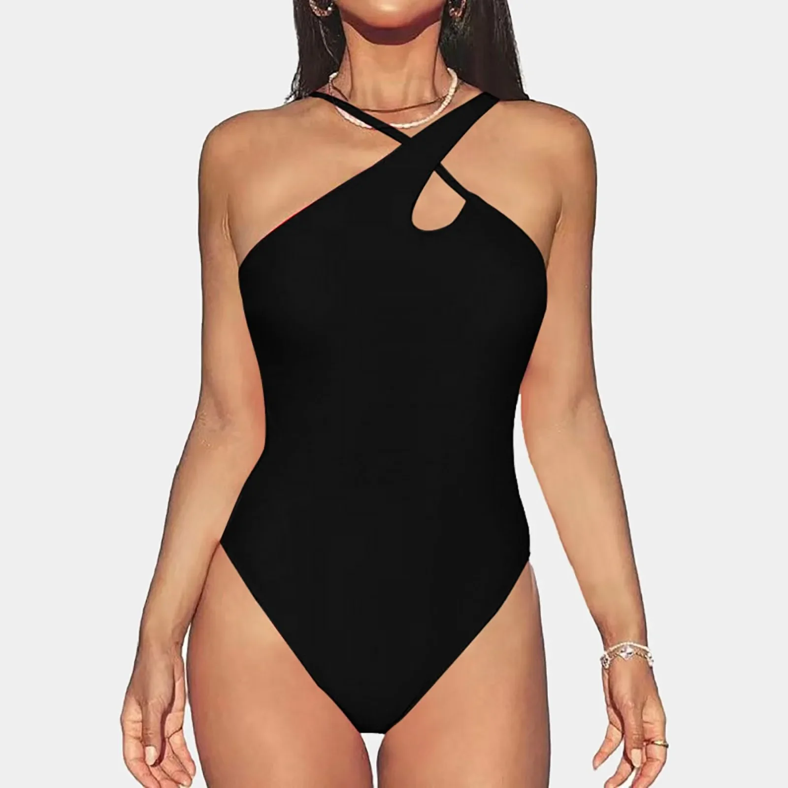สตรี Criss Cross Halter ชุดว่ายน้ําสีทึบเซ็กซี่ Hollow Out One Piece ชุดว่ายน้ํา Elastic Slim Summer Beach บิกินี่