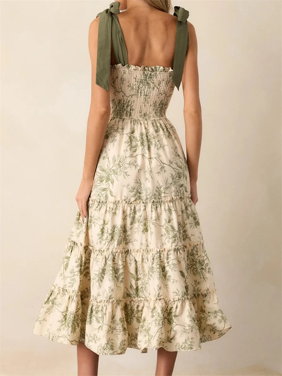 Women Y2k Laceup Smocked Maxi Dress Bow Tie Shoulder Tiered Ruffle Midi Sundress Boho Casual Beach Long Dresses