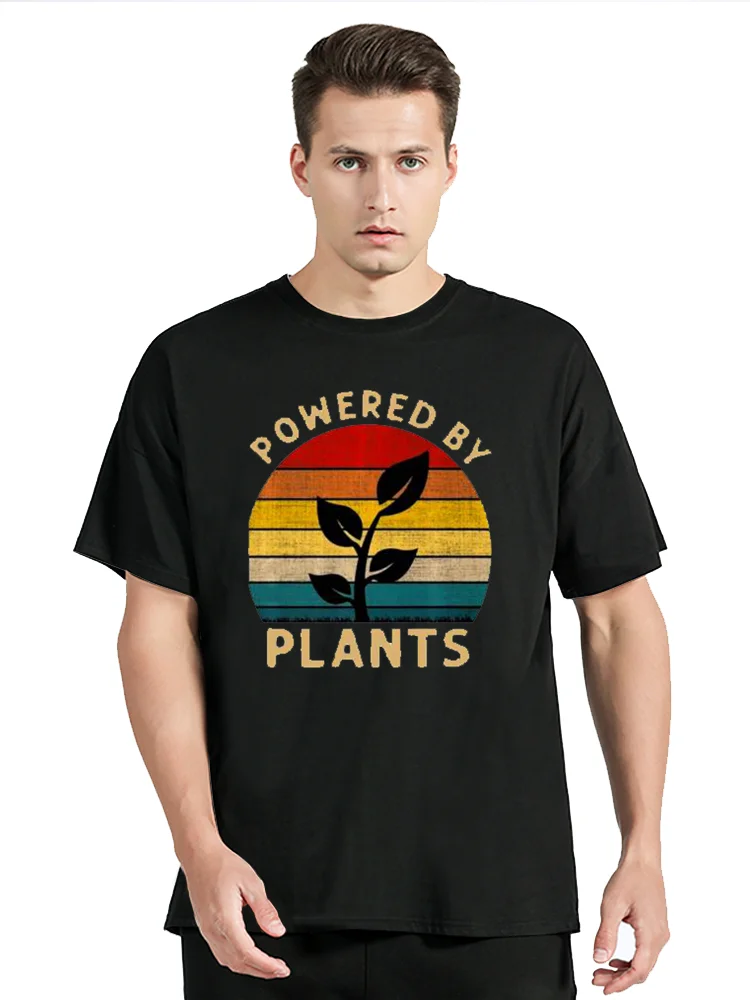 Neues Vintage Powered By Plants TShirt Vegan Vegetarisch Premium Schwarzes T-Shirt Grafik T-Shirt Baumwolle T-Shirt Herrenbekleidung