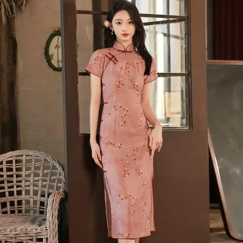 

2023 New Women Pink Floral Cheongsam Improved Vintage Dress Slim-fit Short Sleeve Elegant Mid Long Qipao S To XXL