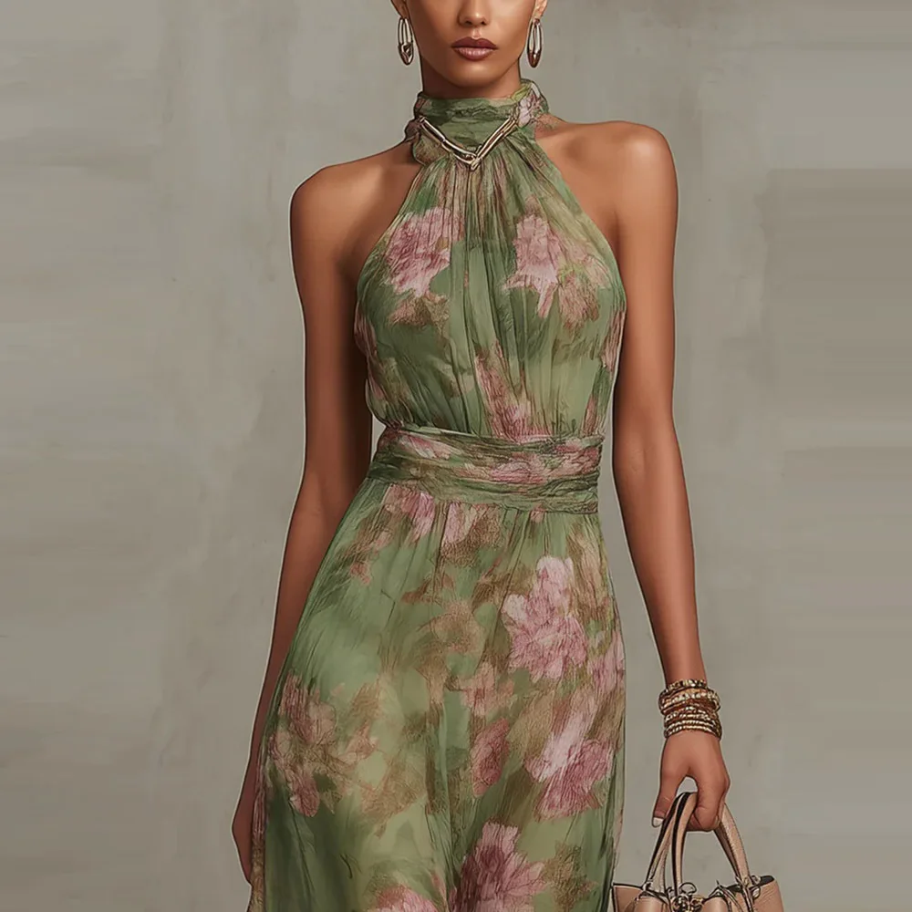 Damen Frühling Blumendruck Chiffon Langes Kleid Boho Ärmellos Sommer Strandkleid Elegantes Neckholder Off-Shoulder Ausgeschnittenes Partykleid – Detail 6