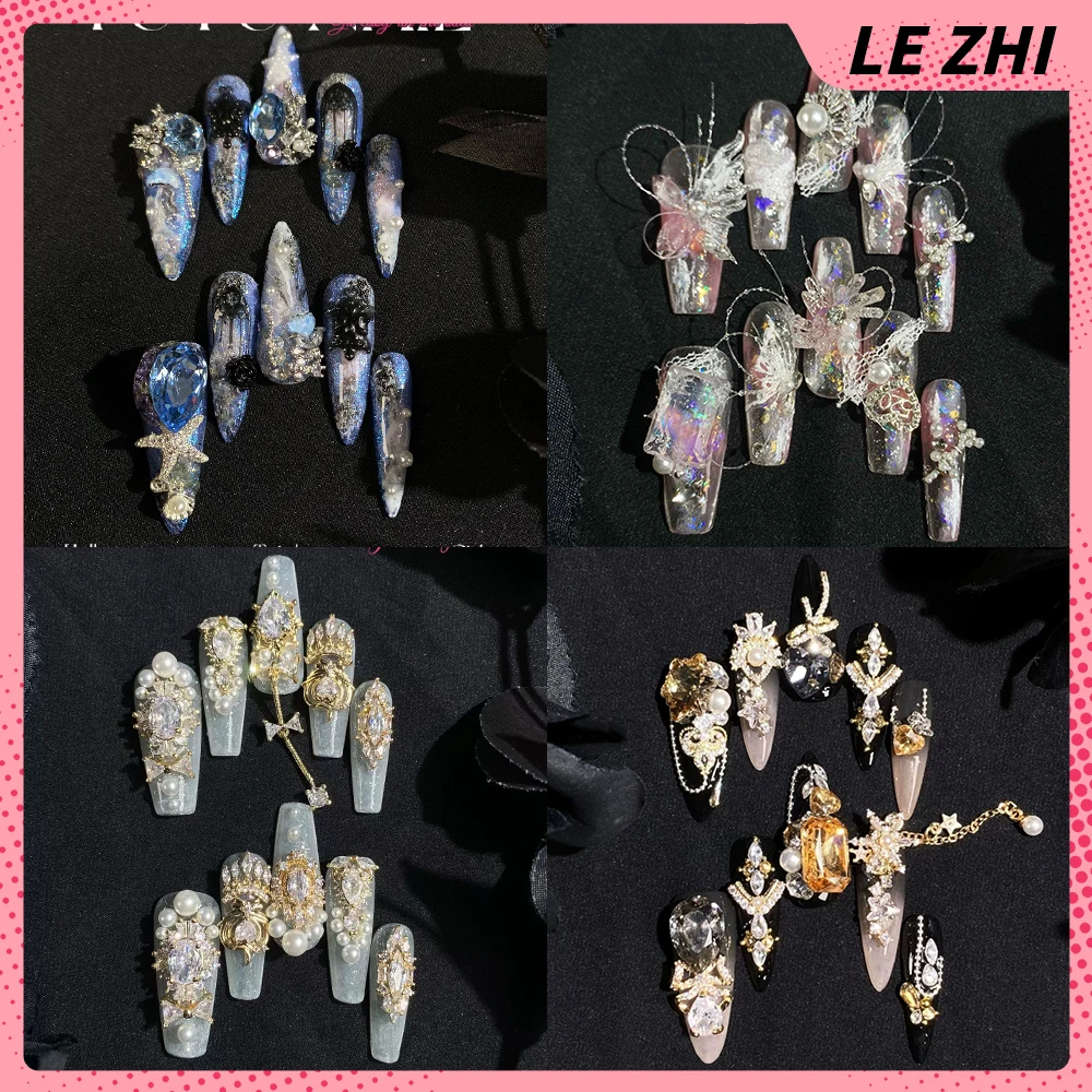 3D Spitze Strass Langer Sarg Stiletto Handgemacht Press On Nail Deluxe High-End Diamant Perle Katzenaugen Hochzeitstag Nägel