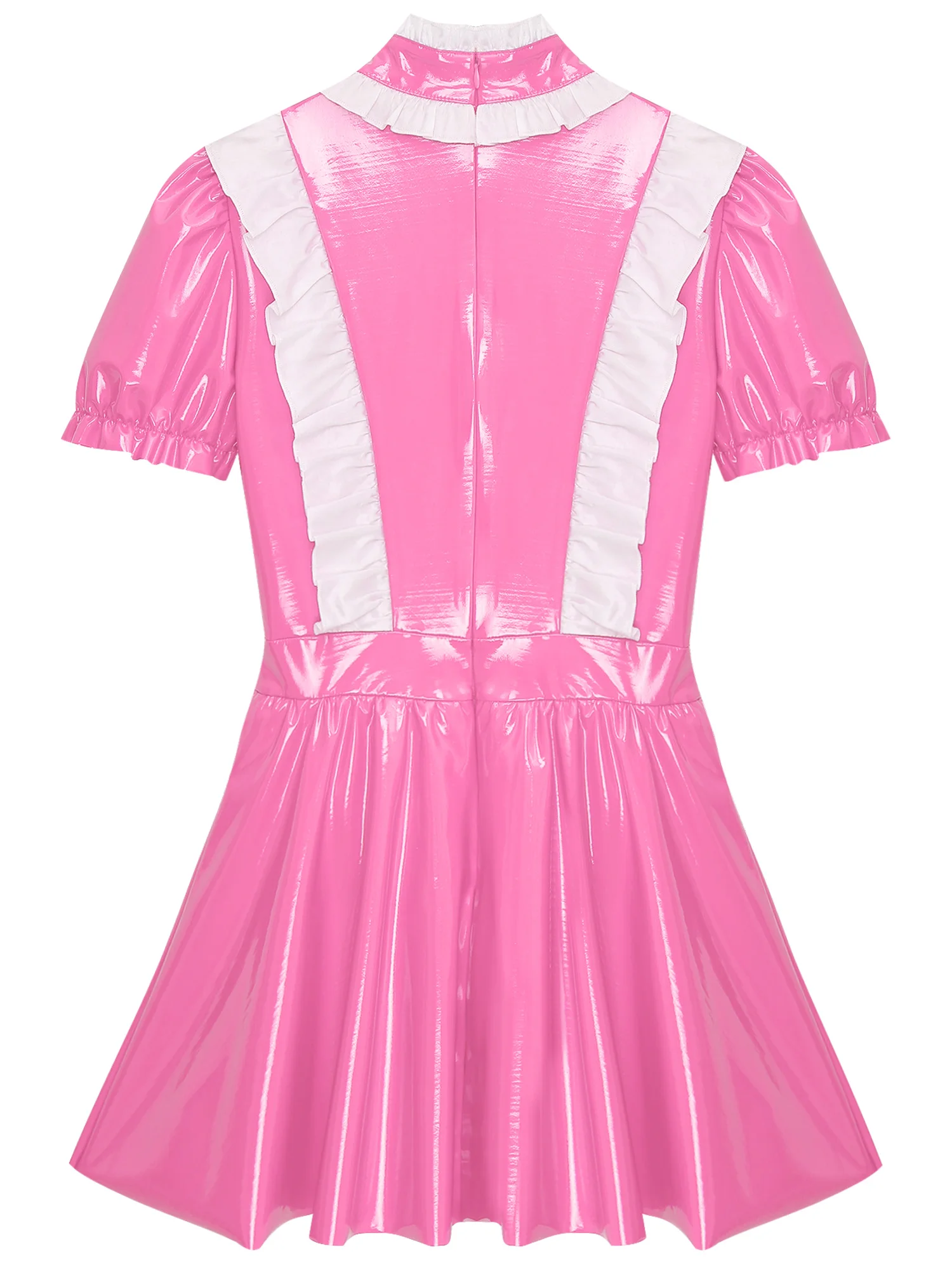 Robe de femme de chambre française en cuir verni Sissy pour femme, volants, garnitures, nœud, tablier, manches bouffantes, robe de femme de chambre Lolita, uniforme trapèze, cosplay