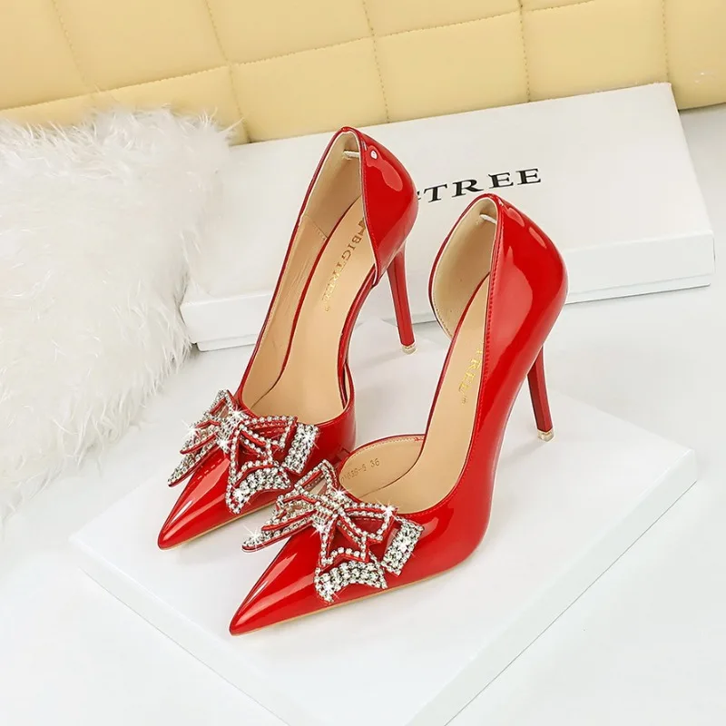 

BIGTREE Shoes Red Women Pumps Patent Leather Shoes Women High Heels 7.5 Cm 10.5 Cm Bowknot Rhinestone Stilettos Female Shoes